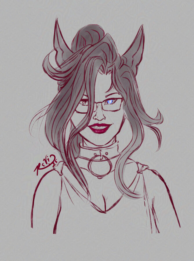 Digital sketch of a miqo'te woman with long hair. One of her eyes glows blue, and she is wearing a collar and a loose, stylish shirt.