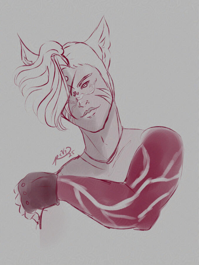 Digital sketch of a Miqo'te man with a Garlean eye. He has soft looking white hair and one of his arms is darker with lichtenberg figures on it. His face is scarred.