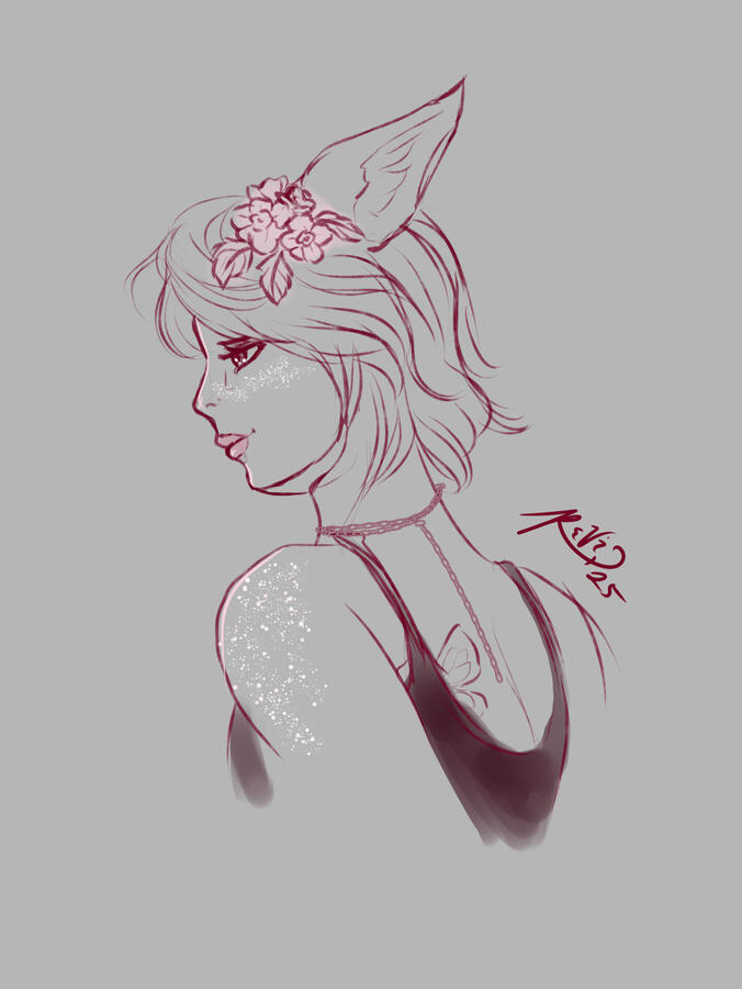 Digital art of a Miqo'te with fluffy shortish hair. This Miqo wears a dark shirt, has tattoos of a butterfly and a vine, and seems to shimmer with otherworldly light. Flowers adorn their hair.
