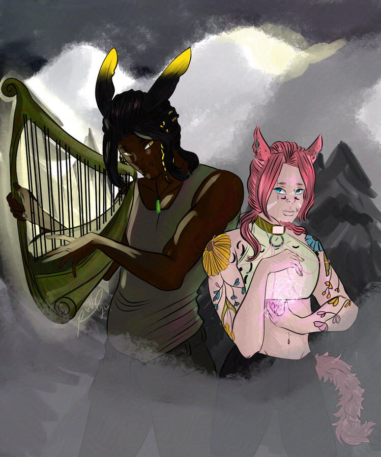Fully rendered piece of a dark skinned Viera with black hair holding a harp and a pale skinned miqo'te with pink hair holding a ball of lightning. They stand in a forested setting at night.
