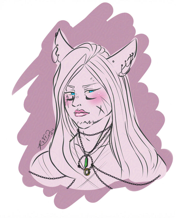 A very quick bust sketch of a male miqo'te. He is pink on a mauve background with slight detailing of a blush, turquoise eyes, and a green pendant. He has on several pieces of jewelry and is scarred in many places.