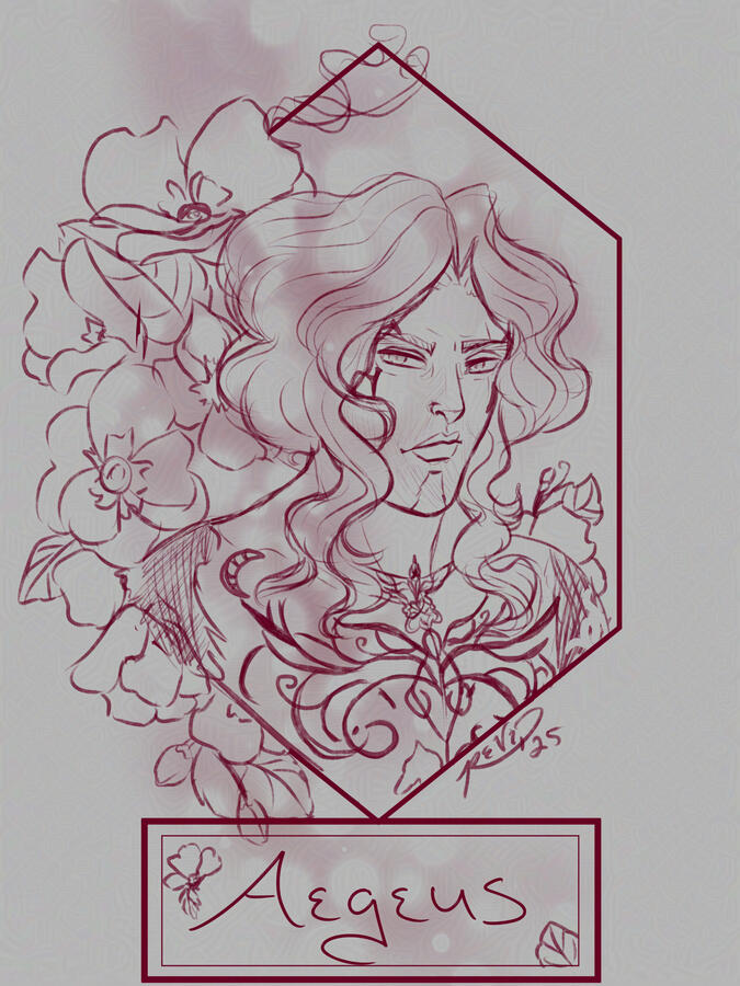 Sketch of a man with long, curly hair framed by geometric shapes and primroses.