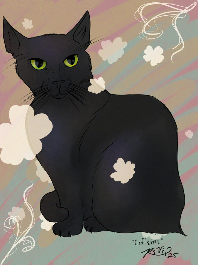 Digital painting of a black cat with white flowers