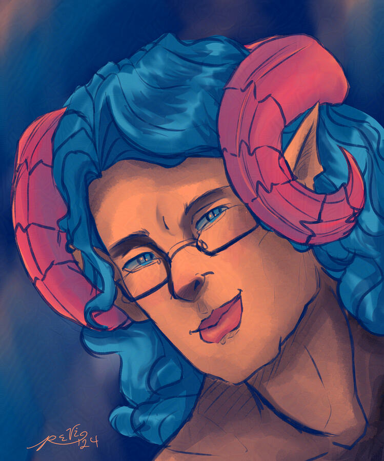 Digitial art of a limited palette of a demon with blue hair and eyes and deep pink horns.
