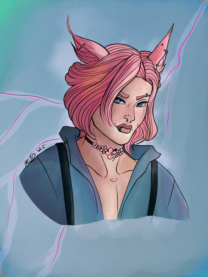 Digital bust up painting of a catboy with pink hair, aqua eyes, and pale skin, wearing blue.