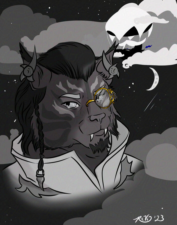 Art of a male hrothgar. He has dark grey and black fur, and wears a monocle. An airship floats amongst clouds in the background. Most of the image is greyscale except for the monocle and the flags on the airship.