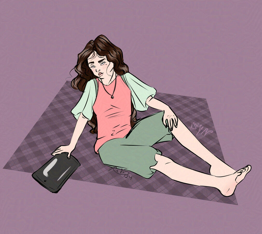 Digital flat colored art of a nonbinary persona with long brown hair and pale eyes and skin wearing green and pink, sitting on a blanket with a tablet in one hand.