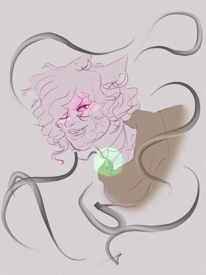 Digital art of a pink haired miqo'te male with several scars and face markings. He wears tan and appears to be up to no good. His eyes are glowing.