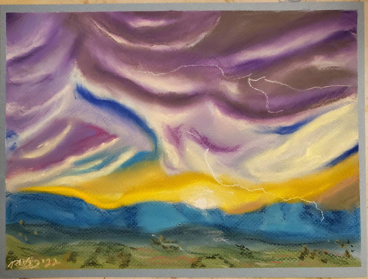 Pastel landscape of a stormy purple sky above a setting sun and a mountainscape with a field before it.