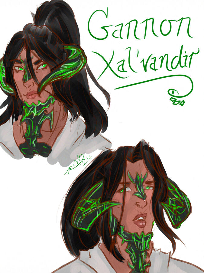 Two expression colored sketch of an Au Ra with tan skin, black hair, and green and black scales.