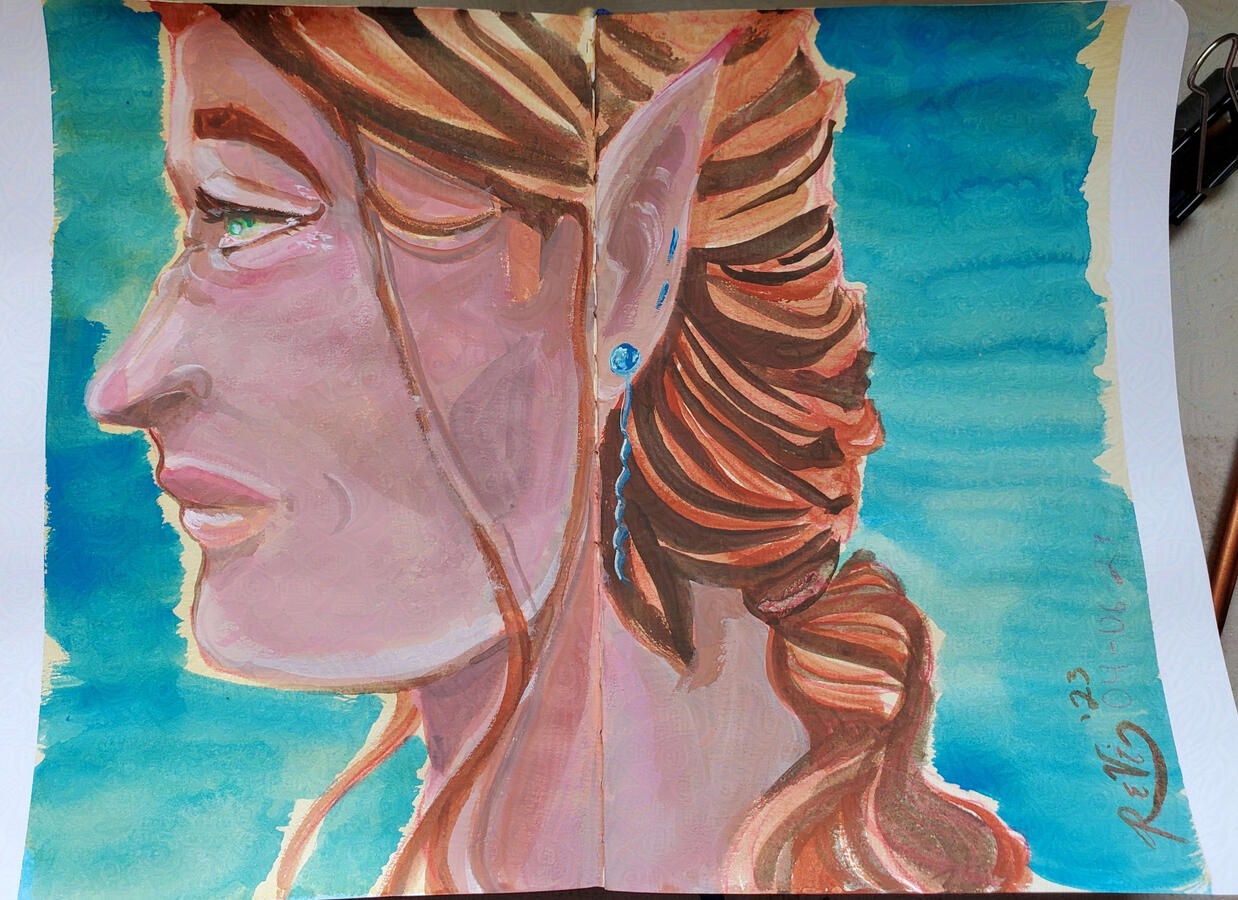 Gouache painting of an elven man in profile. His hair is streaked chestnut and copper and is pulled back in a braid. He has ruddy skin and green eyes. He wears several earrings, one of which is dangly.