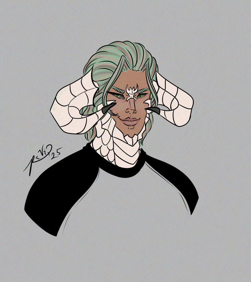Flat color piece of an Au Ra man with green hair and medium toned skin.