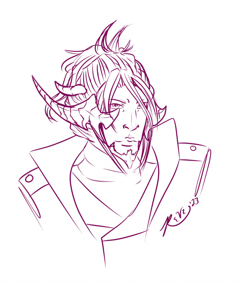 Art of a male Au ra. His hair is pinned back and he wears a turtleneck sweater and a jacket.