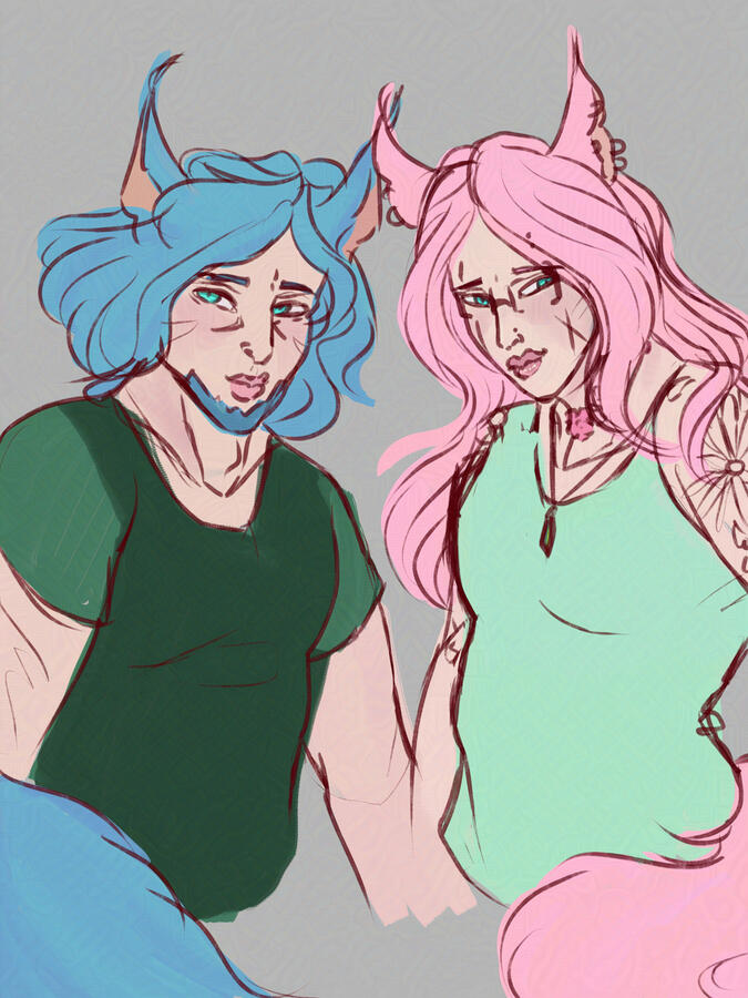 Colored sketch of two cat boys, one with pink and one with blue hair.