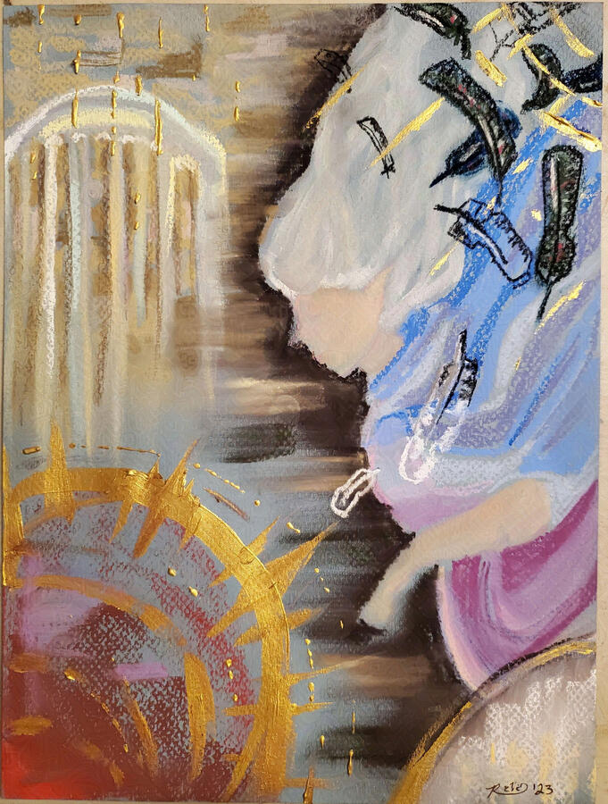 Pastel art of a figure with white hair. They wear blue and purple robes and stand before a gate and a magical circle. The background is a brick wall.