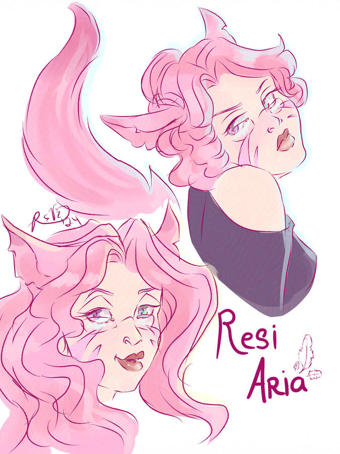 Two expression digital colored sketch of a female miqo'te with pink hair, opalescent eyes, and pale skin, wearing a purple sweater.