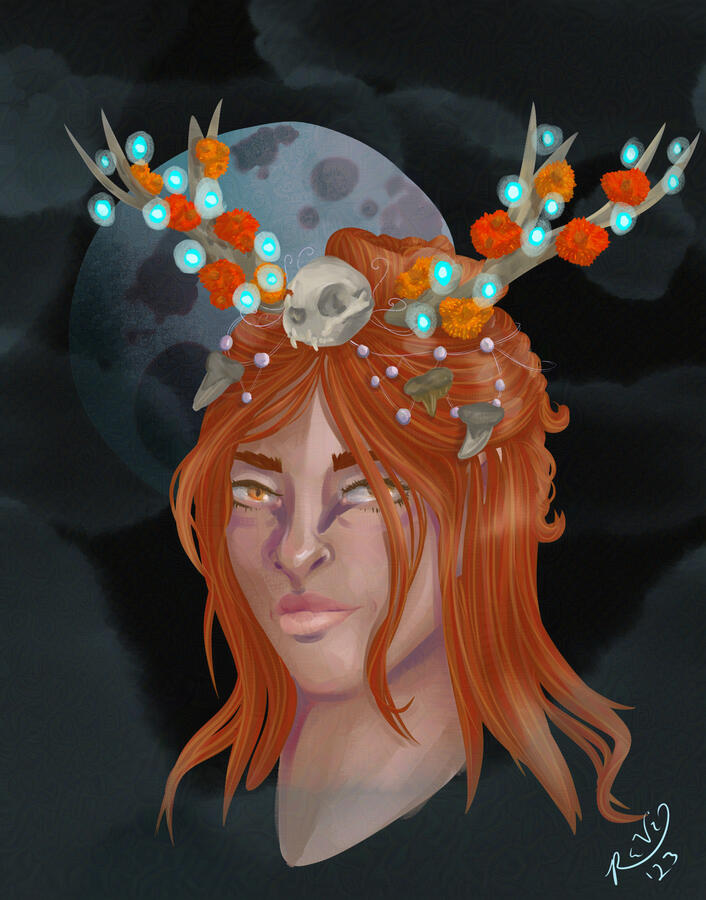 Digital art of a red haired fairy lord with a headpiece of antlers with a cat skull in the center and flowers on the antlers themselves. Shark teeth hang from the head piece and there are lights floating in it.