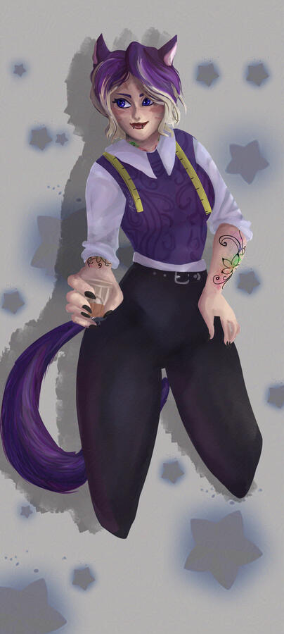 Knees up art of a purple haired catgirl in a suit holding a drink. She has a measuring tape around her shoulders.