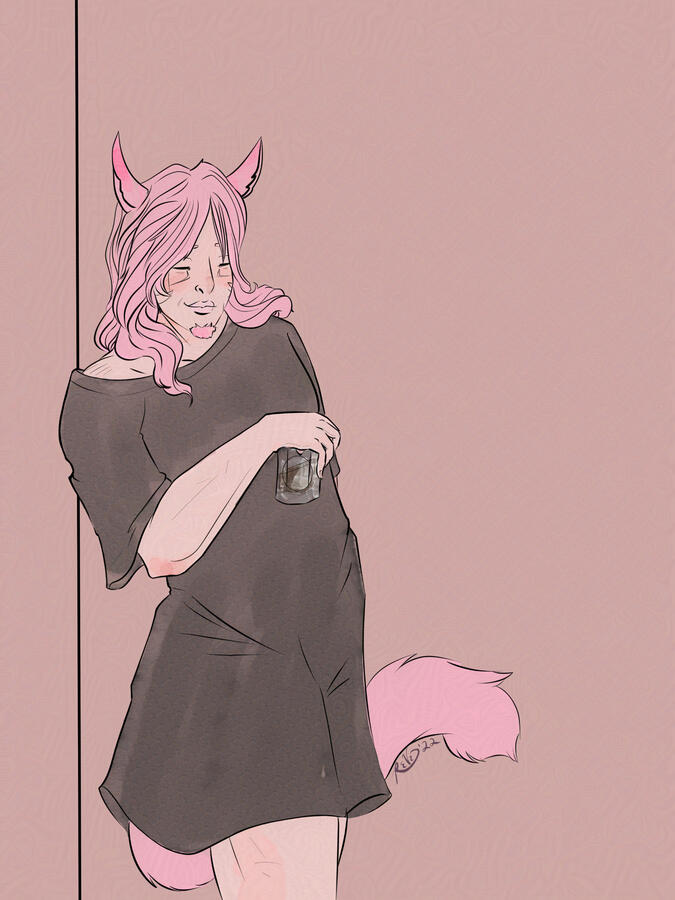 Art of a pink haired miqo'te male wearing an oversized black t-shirt and leaning against a wall. He holds a glass and his eyes are closed.