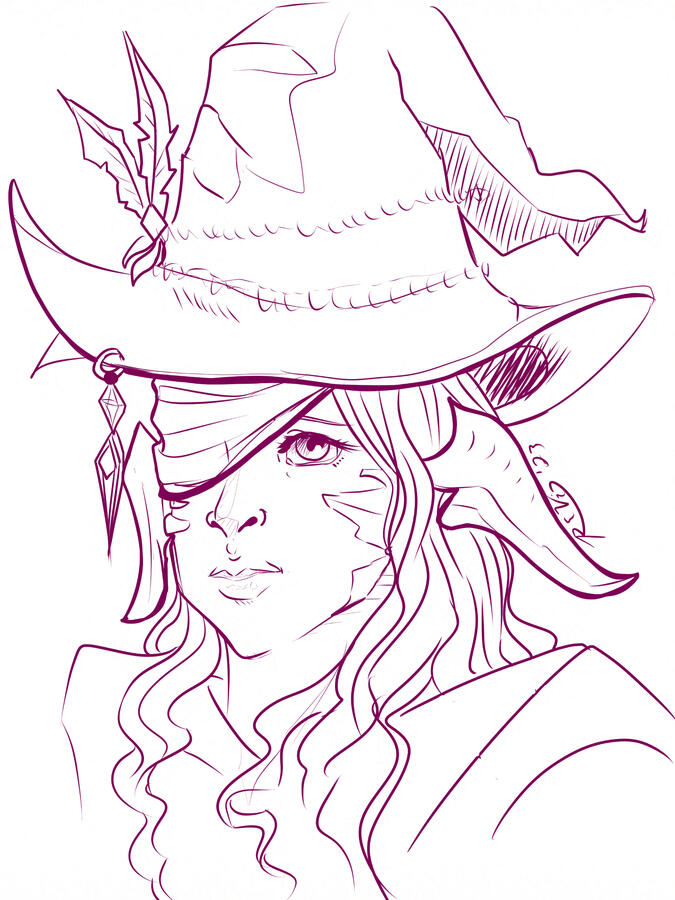 Sketch of an Au Ra woman wearing a fancy hat. She has long hair and part of a robe can be seen.
