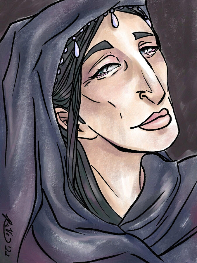 Digital art of the goddess Ceridwen. She has an angular face, dark eyes, and black hair, and is wearing a deep grey cloak with a beaded hem.