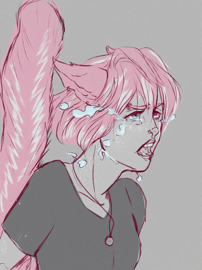 Digital art of a very angry pink catboi