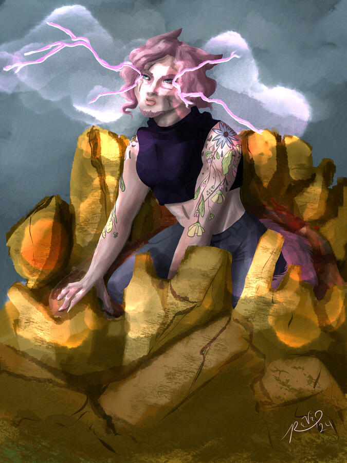 Art of a male miqo'te. He has pink hair and wears a dark bluegrey crop top and grey pants. Lightning shoots from his eyes and he appears to have been thrown to the ground, upturning earth around him.