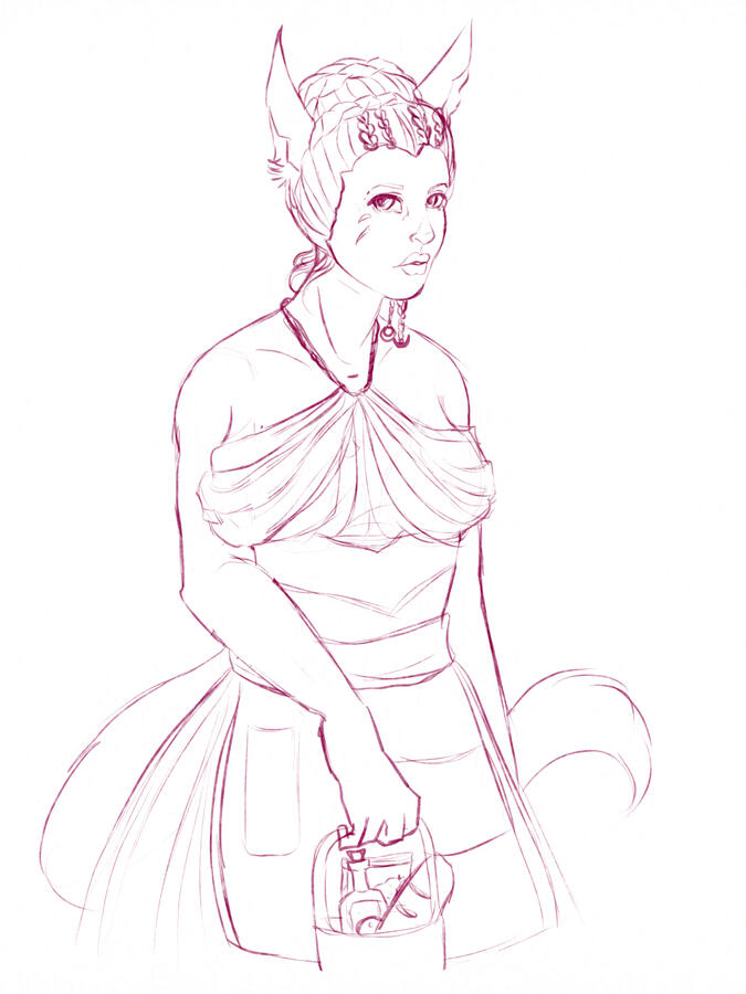 Sketch of a miqo'te woman holding a basket with wine and snacks in it. She's wearing a dress and her hair is pinned up.