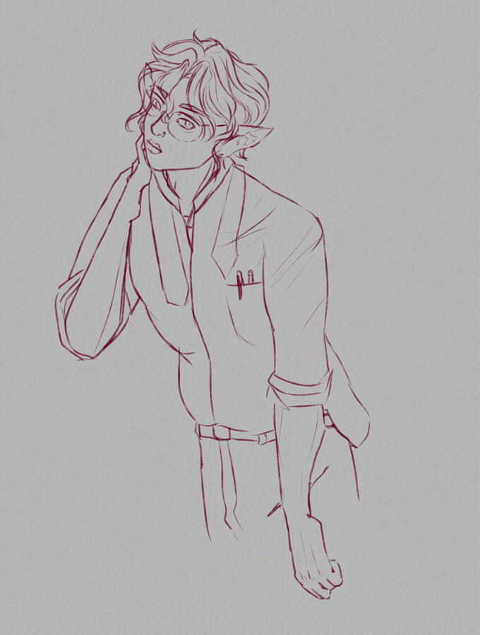 Sketch of an elezen man in work clothes.