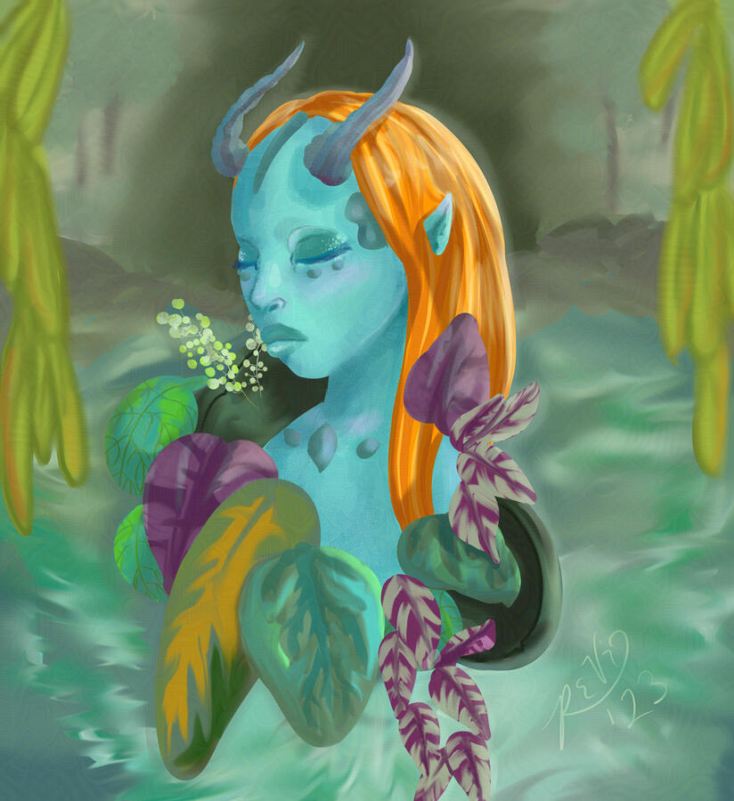 A turquoise skinned femme fae with bright orange hair. She is sitting in a body of water and covered in several types of vegetation.